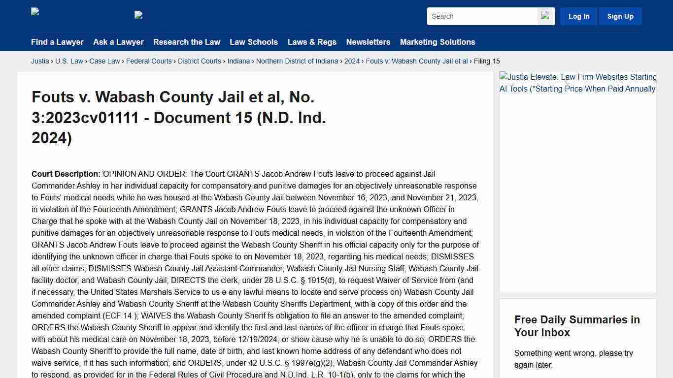 Fouts v. Wabash County Jail et al, No. 3:2023cv01111 - Document 15 (N.D. Ind. 2024) :: Justia